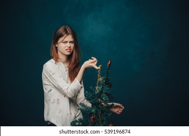 Bad Mood, Upset Girl, Girl With Christmas Tree, Christmas, Blue Background, Christmas Toys, Happiness