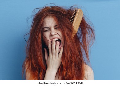 Bad Morning, A Woman With Terrible Hair On The Head, Tangled Hair, Comb Hair