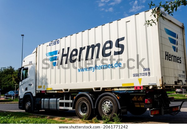 Bad Nenndorf, Germany - September 09,\
2021: Hermes truck. Hermes is Germany’s largest post-independent\
provider of deliveries to private\
customers.