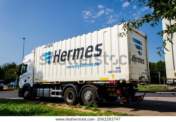Bad Nenndorf, Germany - September 09,\
2021: Hermes truck. Hermes is Germany’s largest post-independent\
provider of deliveries to private\
customers.