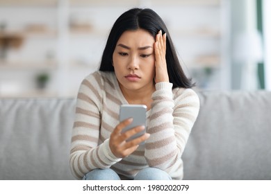 Bad News. Upset Asian Female Holding Smartphone, Looking At Mobile Phone Screen With Worry While Sitting On Couch At Home, Anxious Korean Woman Touching Head While Reading Unplesant Message, Closeup