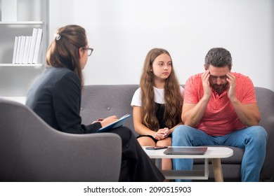 Bad Parents. Psychologist Give Family Therapy For Dad And Daughter Teenager Girl, Psychology.
