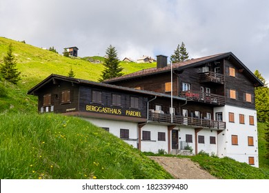 Bad Ragaz, Switzerland - June 2nd 2018.: Bergggasthaus Pardiel Hotel (guest House) At Beautiful Pizol Mountains.