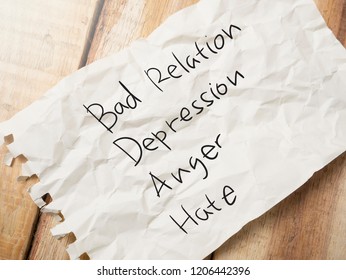 Bad Relation Depression Anger Hate, life bad experience words typography top view lettering concept