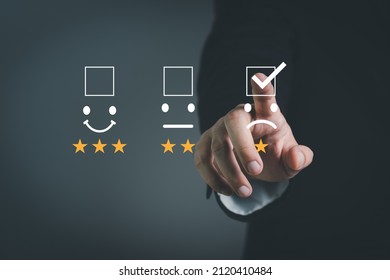 Bad review, bad service dislike bad quality, low rating, social media not good. Customer Experience dissatisfied Concept, Unhappy Businessman Client with Sadness Emotion Face on digital screen.