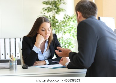 Bad Salesman Trying To Convince To A Bored Client In Her Office Or Businessman In A Job Interview