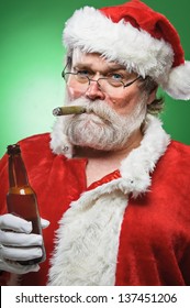 A Bad Santa Smoking A Cigar And Drinking Beer.