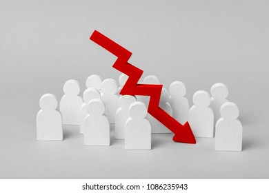 Bad Team Work, Failure In Business. The Fall In Profits And Growth Indicators. Group Of Workers And  Pointing Down Arrow. Concept