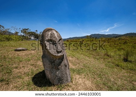 Bada Valley, Sulawesi, Indonesia - One of the mysterious ancient megaliths (carved standing stones) in the Bada Valley of Central Sulawesi.