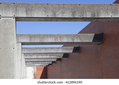 Badajoz, Spain - April 1: MEIAC Museum building on April 1, 2016 in Badajoz, Spain. Situated on the area of the former prison of Badajoz, redesigned by JA Galea. Concrete pillars