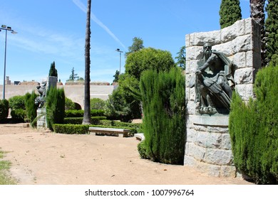 BADAJOZ, SPAIN - May 11, 2014: The Monument To The Fallen Hero (Heroe Caido) Of The Baluarte De Trinidad, A Francoist Memorial In Badajoz, Extremadura, Spain