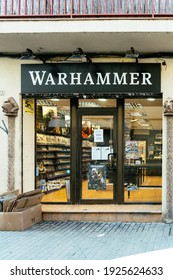 Badalona, Barcelona, Spain- February 25, 2021. Warhammer Fantasy Store. Heroic fantasy universe created by the British publisher Games Workshop for its miniature and role-playing games