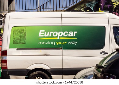 Badalona, Barcelona, Spain - March 21, 2021. Europcar van, car rental company founded in 1949 in Paris