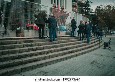 Badalona, Spain-December 24, 2020: Nursing Homes For The Elderly Were Greatly Affected By The Covid 19 Pandemic And Families Have To Follow Rigid Security Protocols To Visit Relatives