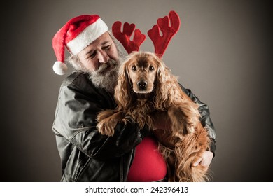 Badass Santa With Dog As Rudolph The Reindeer