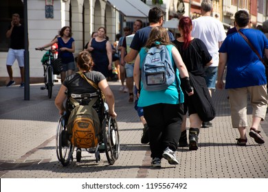 BADEN-WURTTEMBERG, GERMANY - AUGUST 25 : German Disabled People And Foreign Travelers Walking Visit And Shopping At Heidelberg Or Heidelberger Old Town On August 25, 2017 In Baden-Wurttemberg, Germany