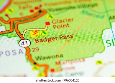 Badger Pass. California. USA On A Map