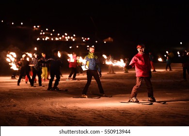 BADIA, ITALY - DECEMBER 31, 2016 - Traditional night ski torchlight procession for new year's eve