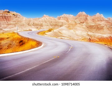 Badlands Loop Road through the Yellow Mounds area of Badlands National Park in South Dakota, USA