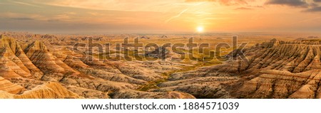 Badlands National Park panorama in South Dakota. Badlands national park protects sharply eroded buttes and pinnacles, along with the largest undisturbed mixed grass prairie in the United States.