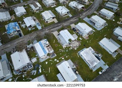 Badly Damaged Mobile Homes After Hurricane Ian In Florida Residential Area. Consequences Of Natural Disaster