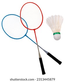 Badminton Racket and Badminton ball isolated on white background, White Badminton ball on White Background With clipping path.