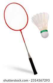 Badminton Racket and Badminton ball isolated on white background, White Badminton ball on White Background With clipping path.