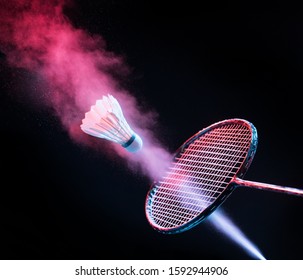 Badminton racket and shuttlecock in motion , shuttlecock sport