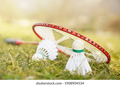 Badminton rackets and shuttlecocks of different colors are on green lawnBadminton rackets and shuttlecocks of different colors are on green lawn