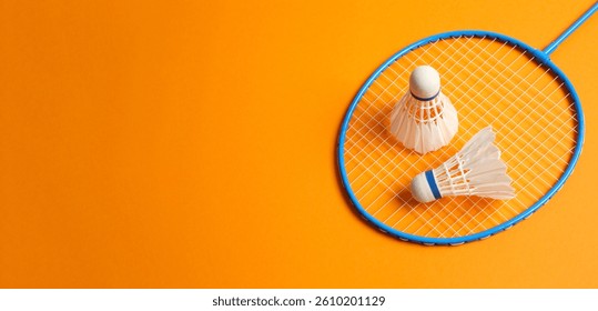 Badminton rackets and white badminton shuttlecocks on color background