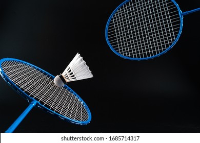 Badminton Sport Equipment On Dark Black Background Close Up