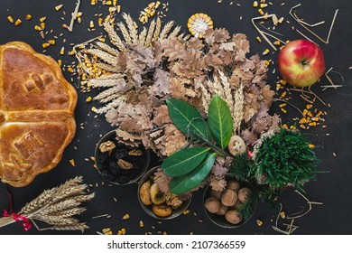 Badnjak or Yule log Serbian Christmas Tree and   traditional food on Orthodox Christmas Eve. Top view, blank space - Powered by Shutterstock