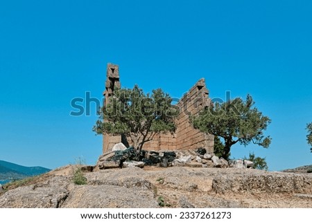 Bafa, Turkey - July 15, 2023: The ruins of ancient city of Herakleia and Latmos Athena temple located on the shore of Lake Bafa