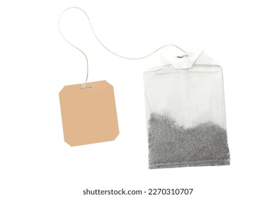 Bag of black tea, paper label on string with space to copy text, isolated on white background with clipping path