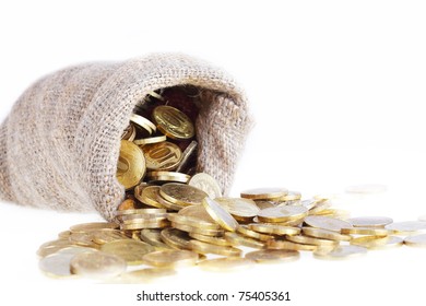 Bag filled with gold coins.