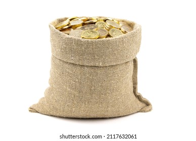 A bag of gold coins isolated on a white background. Coins in a linen bag.Treasure Bag. Money is isolated.