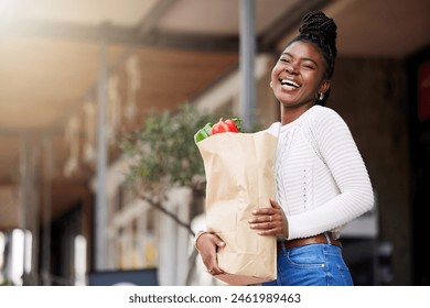 Bag, groceries and black woman for shopping, outside and vegetables for healthy food. Face, smile and happy for promo and discount on sale for produce, female person and customer in city supermarket - Powered by Shutterstock