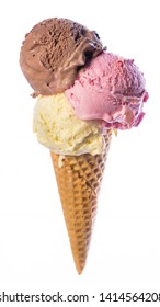 Bag of icecream with 3 scoops of sweet ice cream (vanilla ice cream, chocolate ice cream, strawberry ice cream) isolated on white background.

Real edible icecream, no artificial ingredients used!