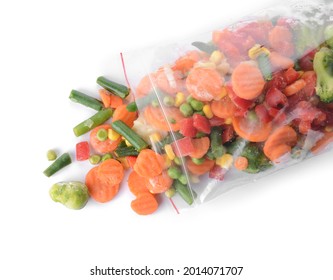 Bag with mix of frozen vegetables on white background