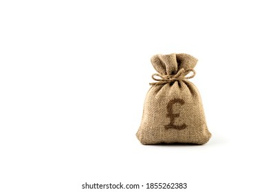 Bag Of Money Isolated On A White Background. Pound. Burlap. Empty Space For Insertion.