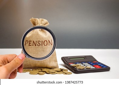 A bag with money and the word Pension and calculator. Pension payments. Help from the state. Accumulation and saving money. Accumulation of pension contributions / enrichment capital. - Shutterstock ID 1387425773
