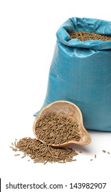 Bag Of Rabbit Feed On White Background