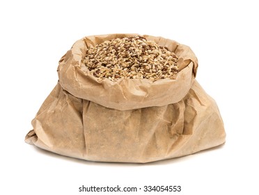 Bag With Raw Brown Wholegrain Rice Isolated On White