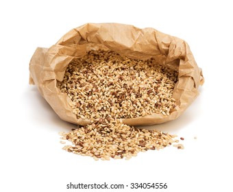 Bag With Raw Brown Wholegrain Rice Isolated On White