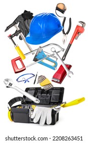 Bag With Set Of Construction Supplies On White Background