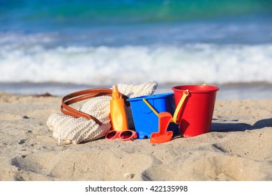 Bag, Suncream, Kids Toys On The Beach