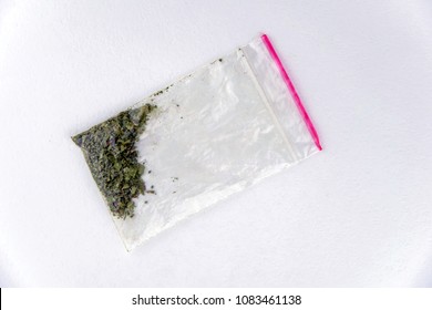 Bag Of Synthetic Smoking Substance, Cannabis, Weed, Marijuana. On White, Top View