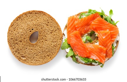 Bagel With Salmon, Arugula, Cream Cheese Isolated On White Background