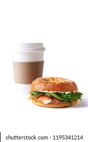 Bagel With Salmon And Coffee To Go Isolated On White Background