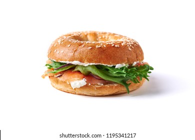 Bagel With Salmon And Cream Cheese Isolated On White Background